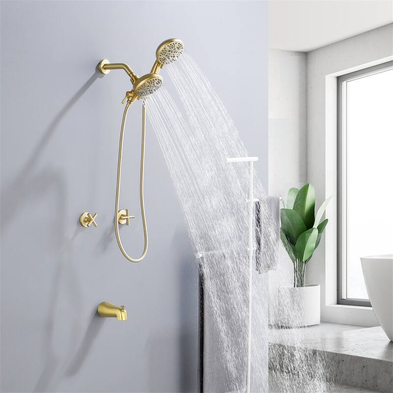 Wall Mount Tub and Shower Faucet with Hand Shower Brass Dual Head Complete Wall Mounted Shower System with Valve