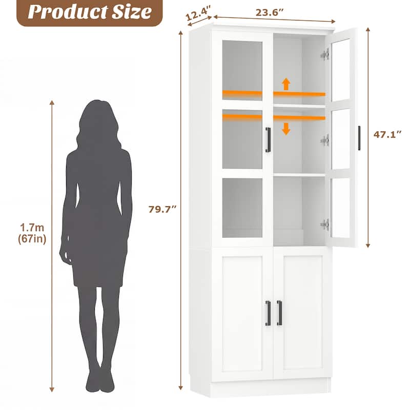 80" Tall Display Bookcase with Glass Doors and Adjustable Shelves,Freestanding Storage Bookshelf for Living Room, Home Office.