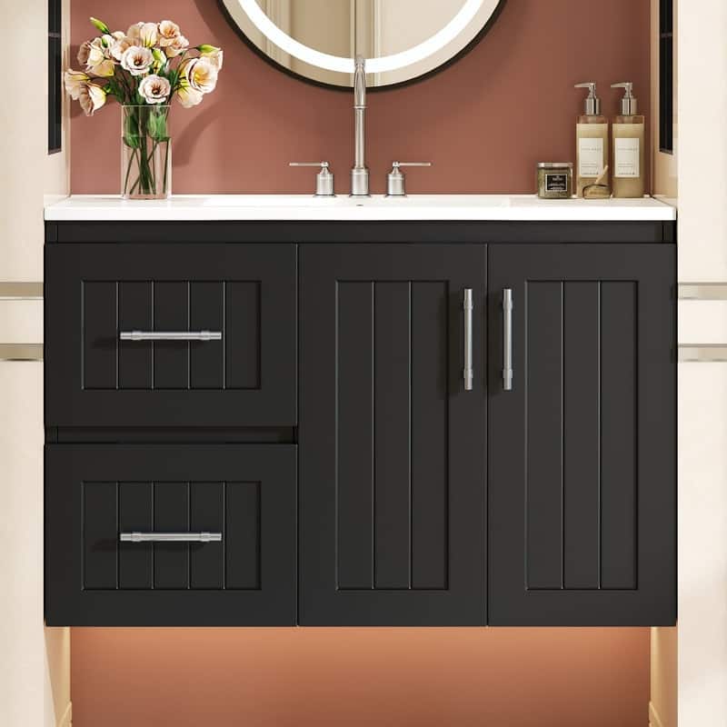 36" Wall Mounted Bathroom Vanity with 2 Drawers, 3 Holes Single Ceramic Sink