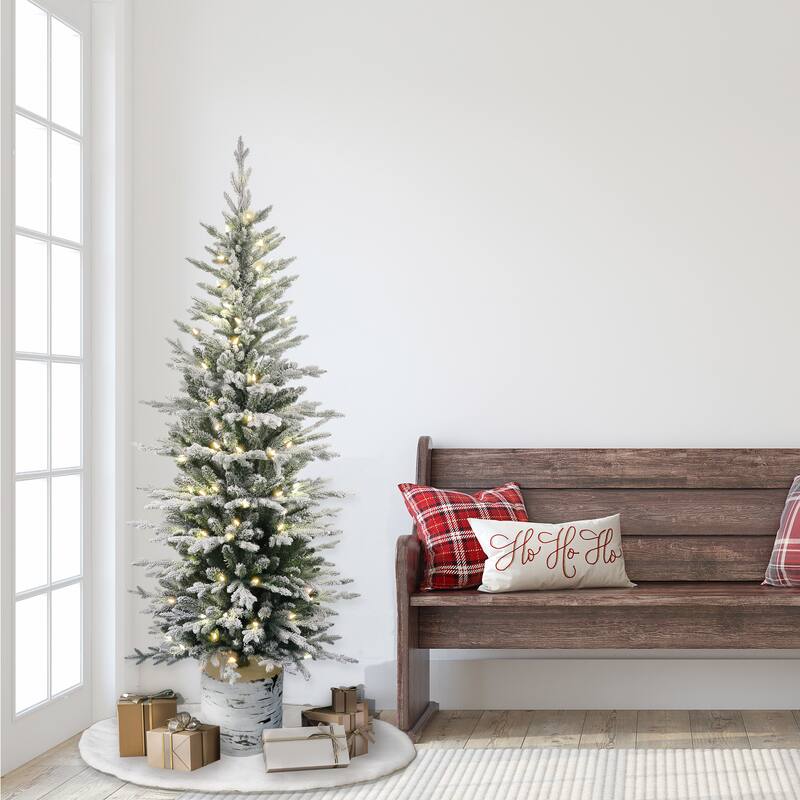 Puleo International 7.5' Pre-Lit Potted Flocked Arctic Fir Pencil Artificial Christmas Tree - 7.5