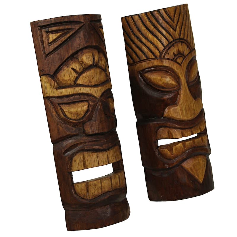 Brown Wood Tiki Mask Wall Hangings-Abstract Design 12 Inch (Set Of 2)