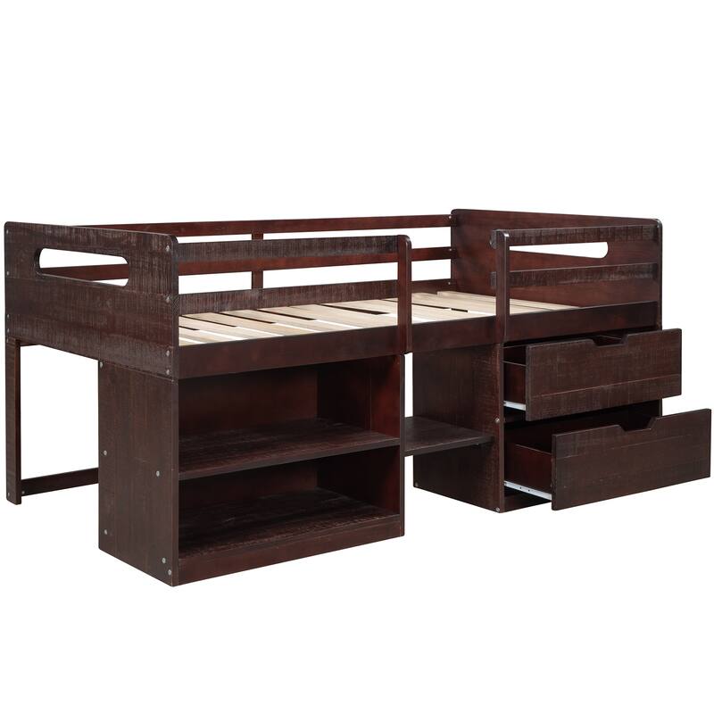 Twin Solid Pine Loft Bed with Shelves, Drawers, and Guardrail
