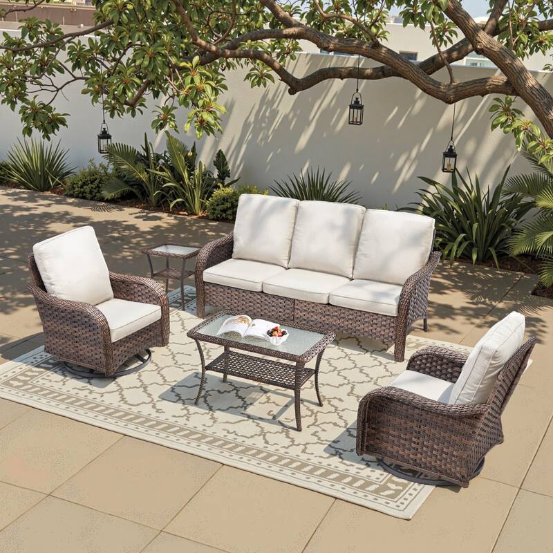 Cavira 5-Piece Outdoor Patio Brown Wicker Conversation Set with Olefin Cushions - Beige Cushions - Brown Wicker