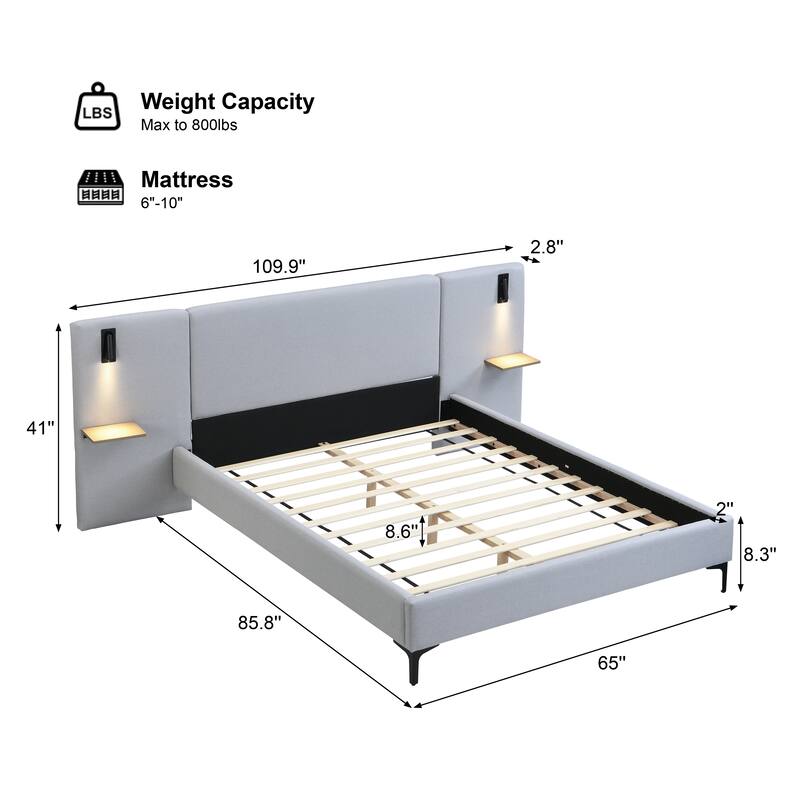 Chic Queen/King Size Upholstered Platform Bed with Oversized Headboard, Linen Fabric Bedframe with Integrated Lights and Shelves