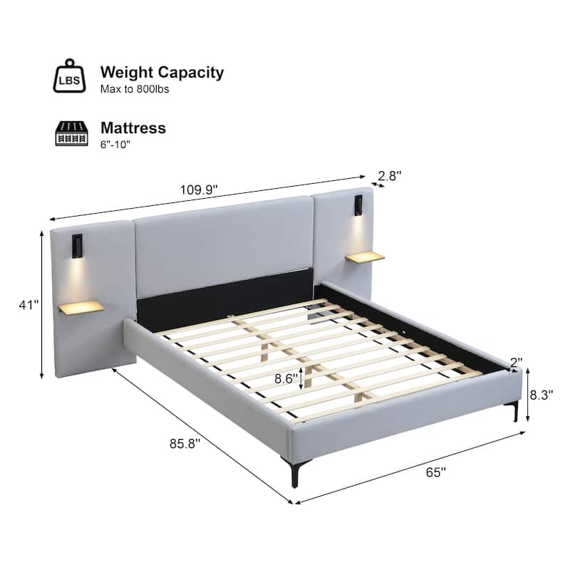 Grey Linen Upholstered Bed with Integrated Lights and Shelves, Queen Size