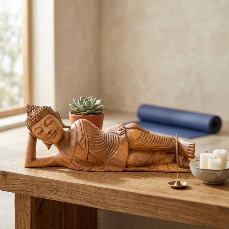 Wooden Hand Carved Serene Reclining Buddha Statue Sculpture Handmade Figurine Decorative Home Decor Accent Handcrafted