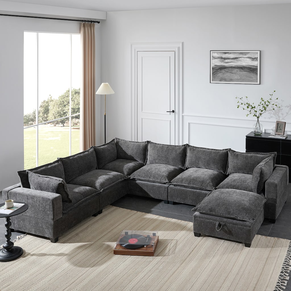 117.5" Chenille U-Shaped Sectional Sofa with Storage Ottoman