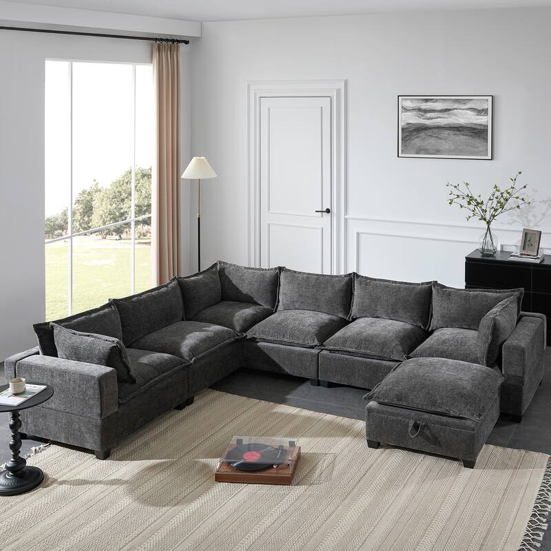 Roomfitters Modular U-Shaped Chenille Sofa with Storage Ottoman, Free Layout 7-Seat Oversized Couch for Living Room - Grey