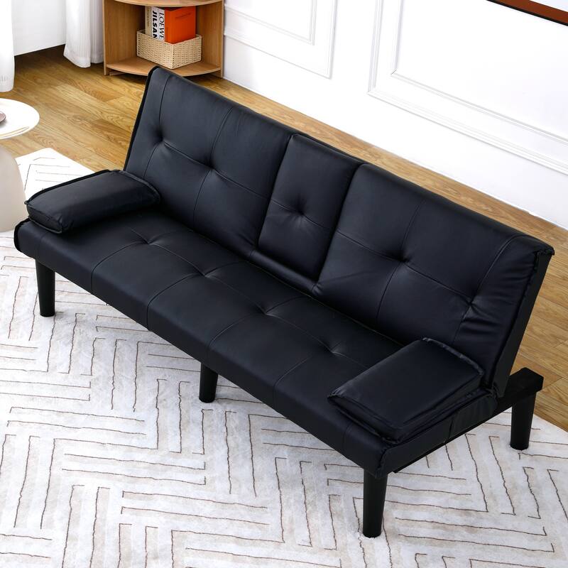 The 67-inch black PVC multi-functional sofa bed with a foldable and cup holder design