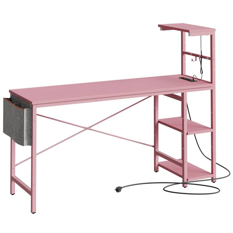61" Gaming Desk Computer Desk with LED Lights Storage Shelves and Side Bag Home Office Desk