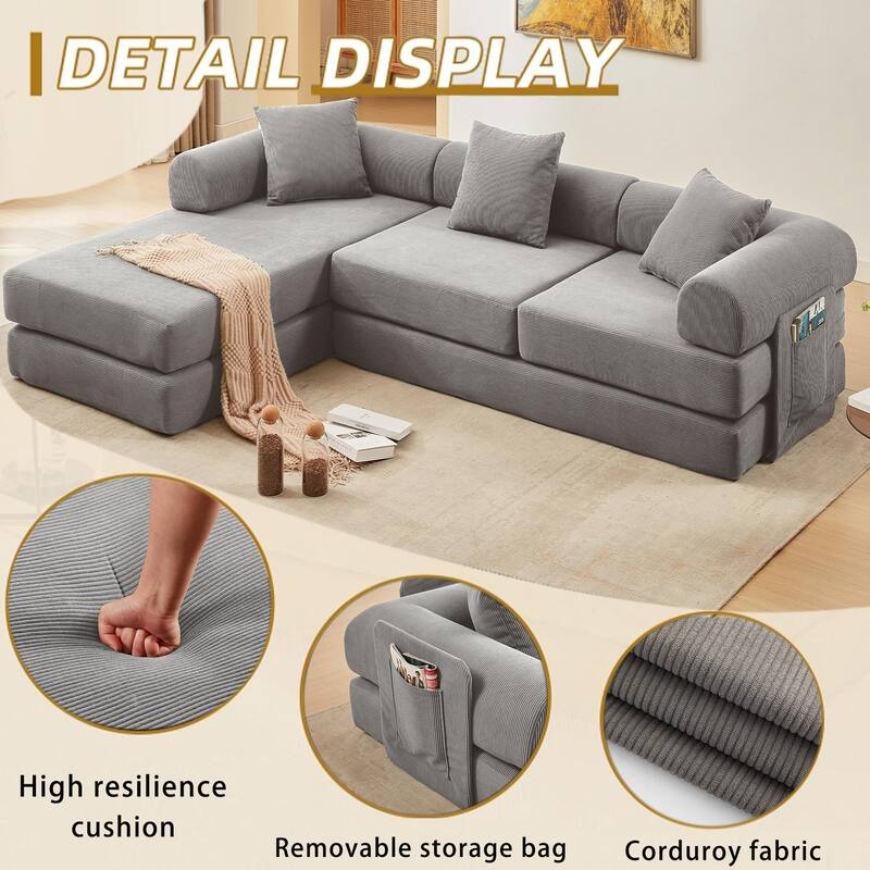 Versatile 7-in-1 Modular Folding Sectional Sofa with Chaise Convertible Corduroy Sleeper Sofa Bed with Removable Storage Bags