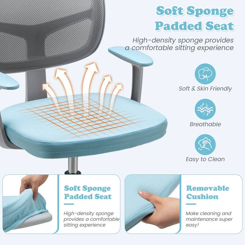 Kids Ergonomic Adjustable Height Study Chair with Swivel Seat and Mesh Backrest and Armrests