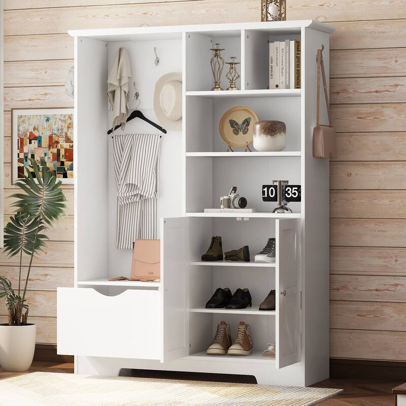 Entryway Cabinet Hall Tree Cabinet Shoe Cabinet with Bench and Coat Hooks, Storage Cabinet Coat Rack - Soft White