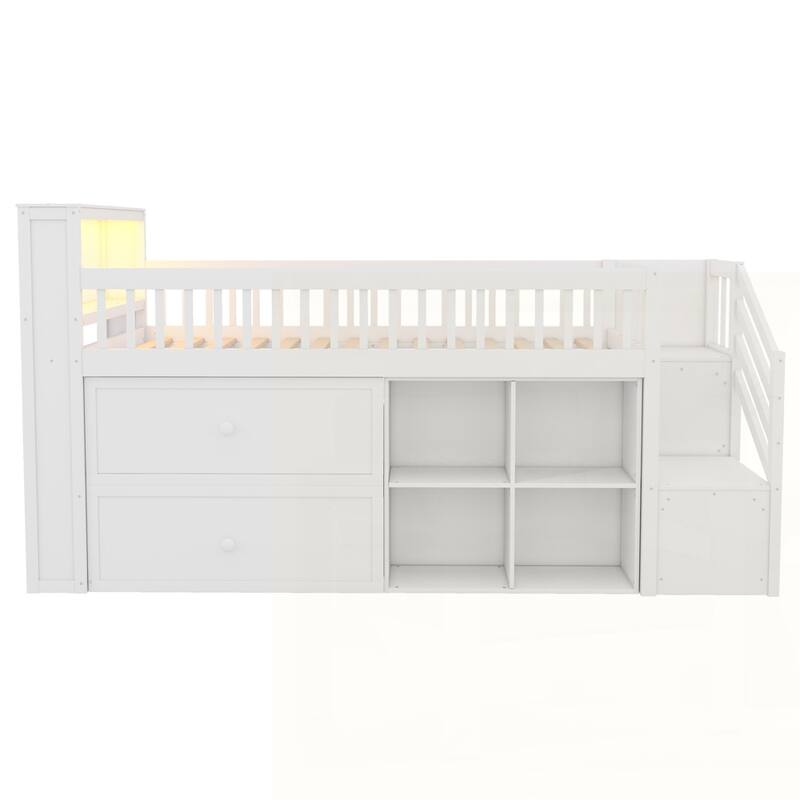 Loft Bed with LED and Bookshelf, Wood Low Loft Bed with Stairs