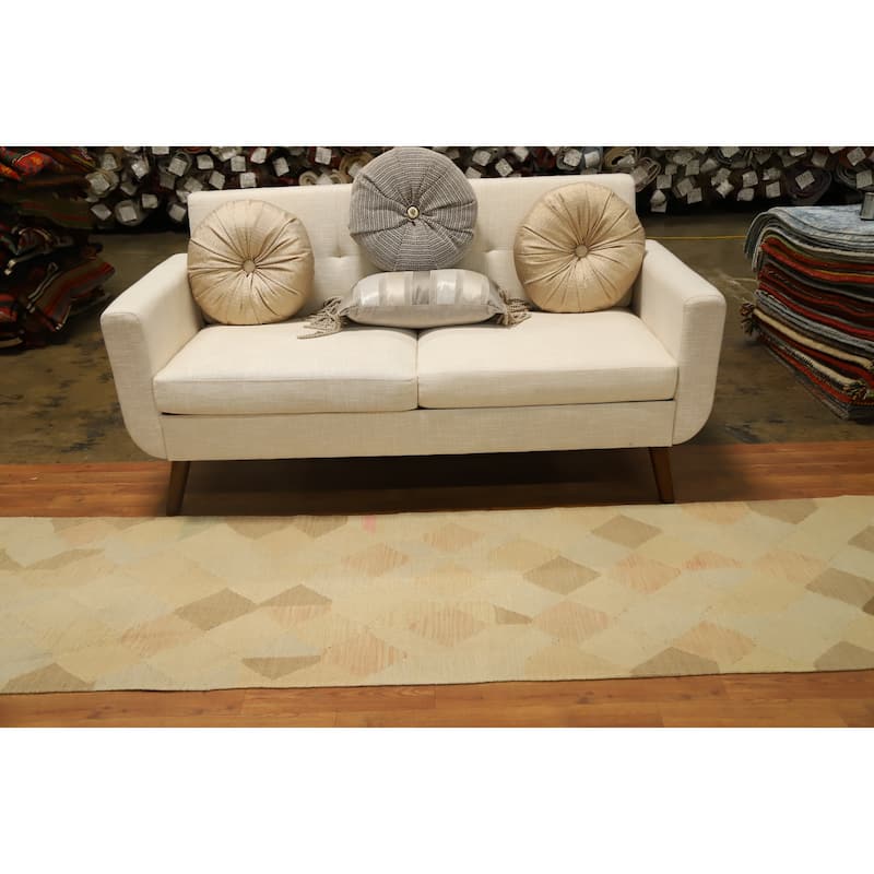 Hand Woven Oriental 100% Wool Carpet Southwestern Modern Beige & Ivories Kilim Runner Rug - 9' 9'' X 2' 6''