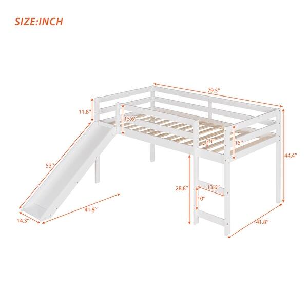 dimension image slide 2 of 3, Low Loft Bed with Slide, Twin