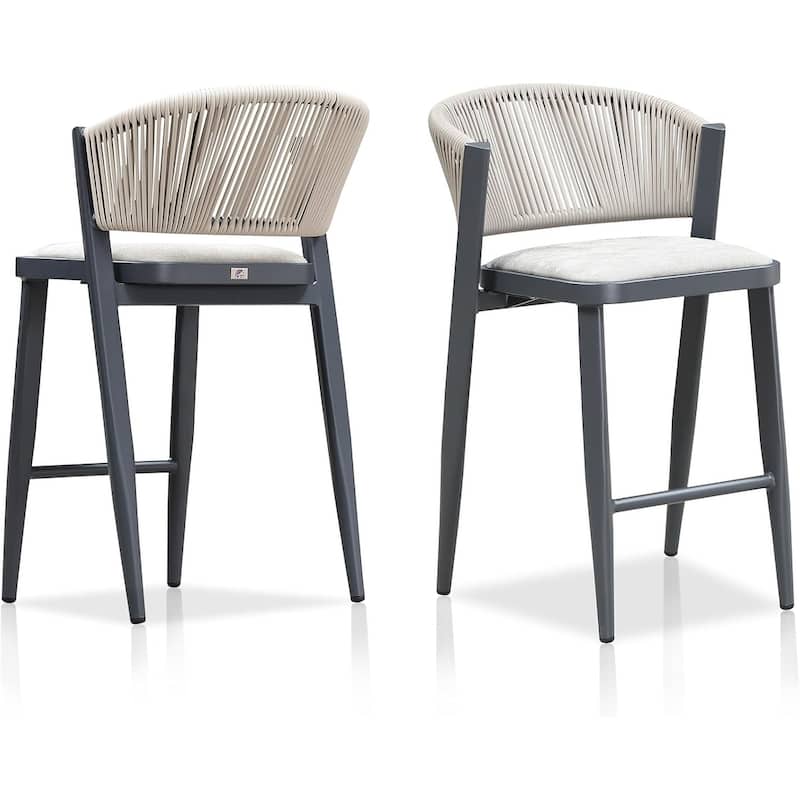PURPLE LEAF Bar Stool Set of 2 Outdoor Rattan Bar Chair with Back Metal Bar Height Stool Wicker Barstool Dark Grey - N/A - Counter Height-Scallop Cushion