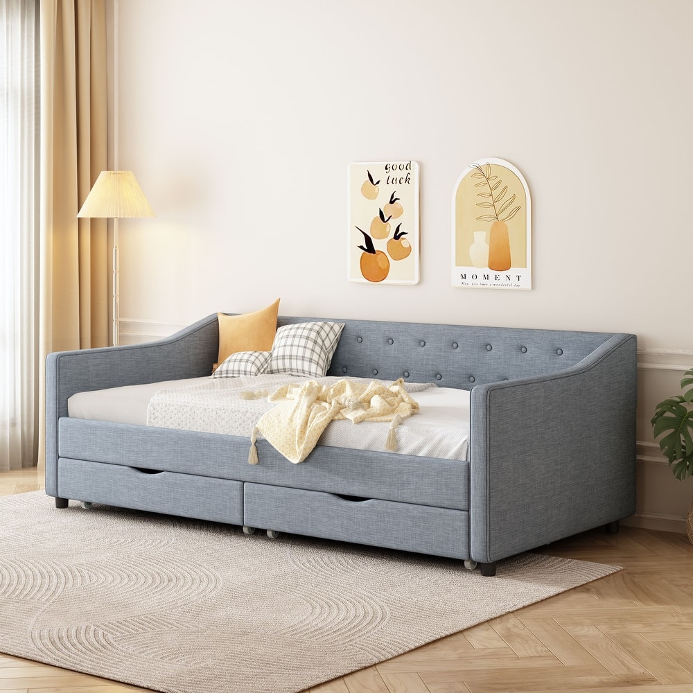 Linen Upholstered Daybed with 2 Drawers, Wooden Platform Sofa Bed Frame with Button Tufted Backrest, No Box Spring Needed