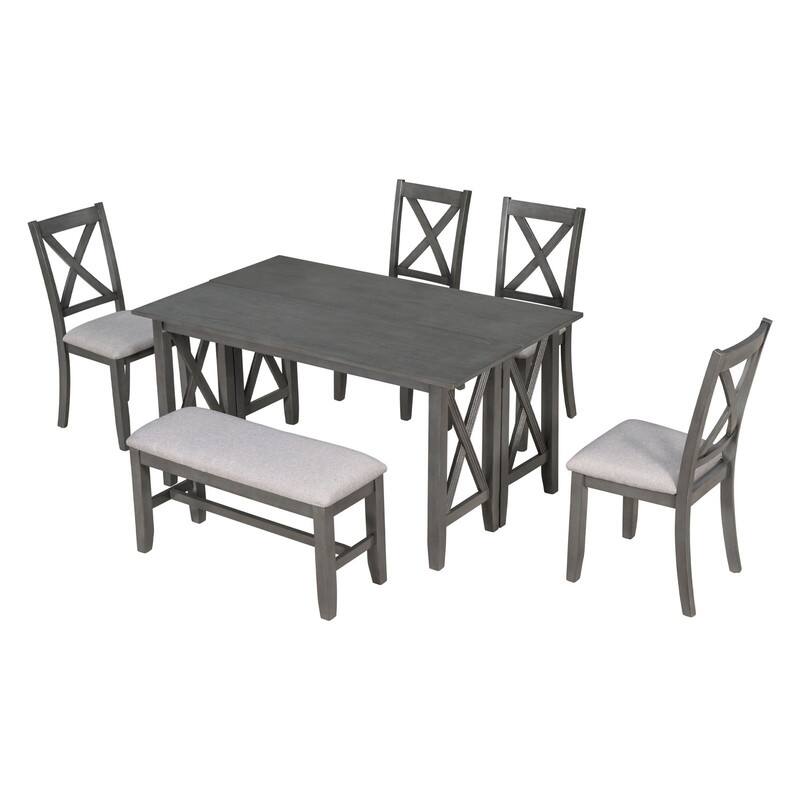 6Piece Family Dining Room Set Solid Wood Space Saving Foldable Table