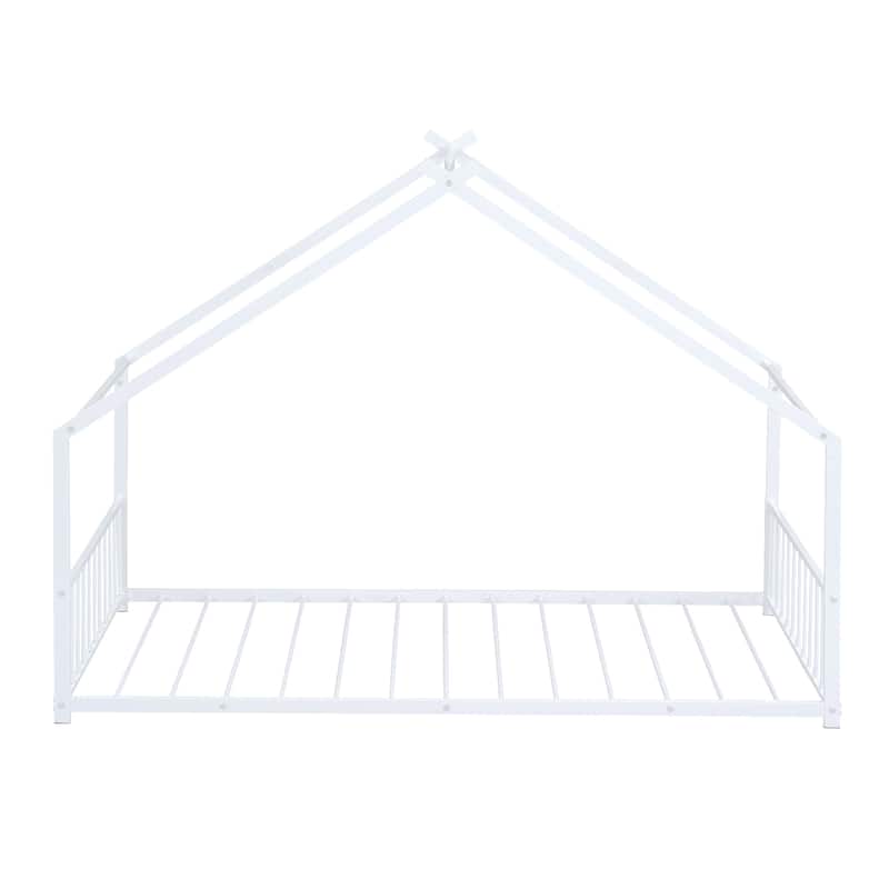 Metal House Bed with Roof, Fence, and Back