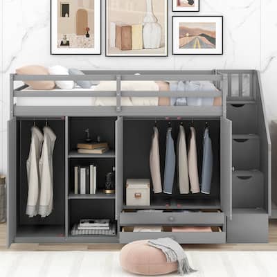 Functional Loft Bed w/3 Shelves,2 Wardrobes,2 Drawers,Storage Ladder
