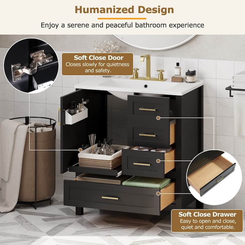 30" Bathroom Wood Storage Vanity Cabinet with Ceramic Sink, 3 Drawers