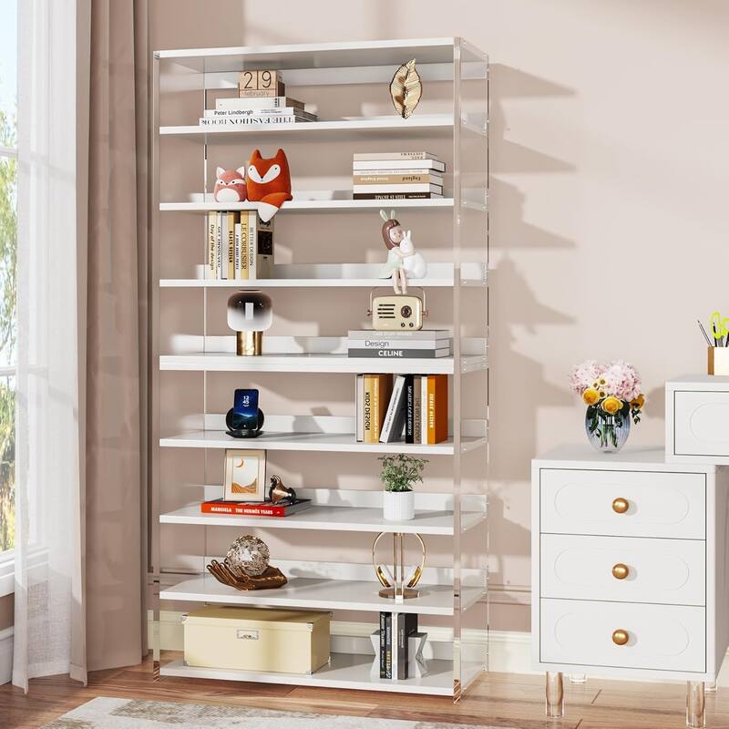63" 8-Tier Acrylic Bookshelf, Modern Bookcase with Wood Shelves, Display Storage Rack for Living Room, Bedroom & Home Office