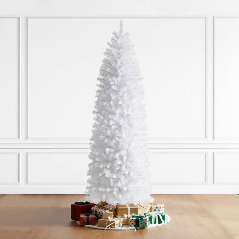 Glitzhome 7.5ft/9ft Shimmering Tinsel Pink Slim Pencil Fir Artificial Christmas Trees