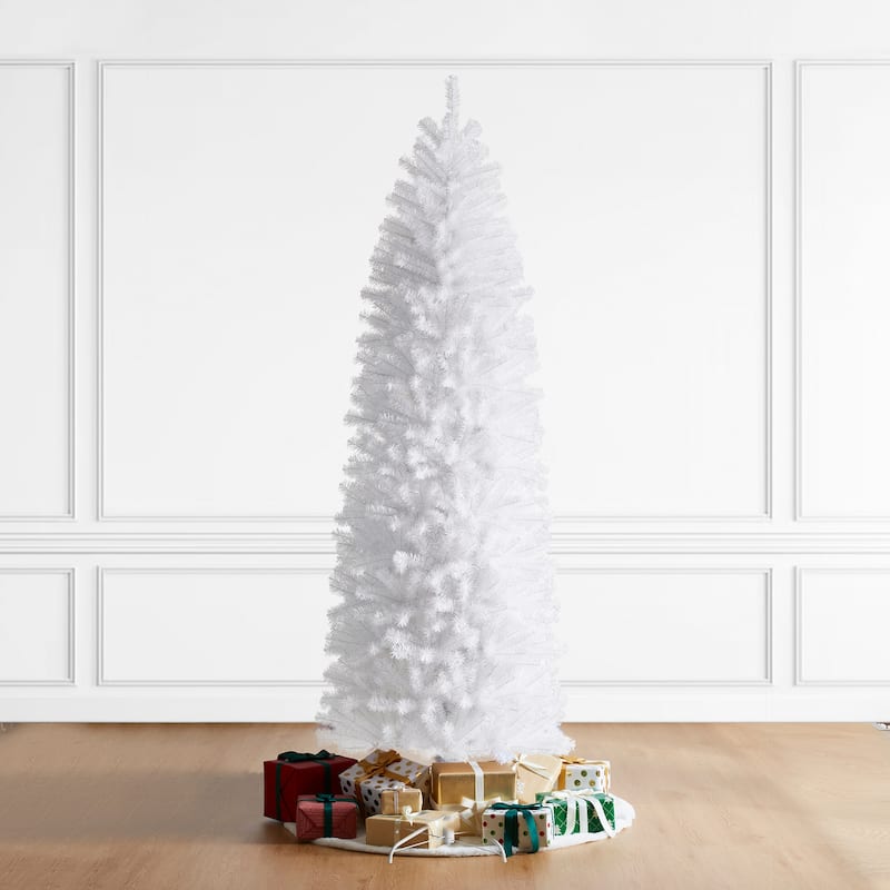 Glitzhome 7.5ft/9ft Shimmering Tinsel Pink Slim Pencil Fir Artificial Christmas Trees