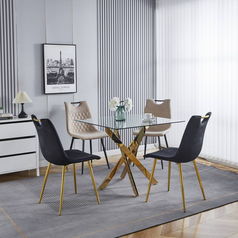 Modern Square Dining Table with Tempered Glass Top & Cross Metal Legs, Space-Saving for Kitchen and Living Room