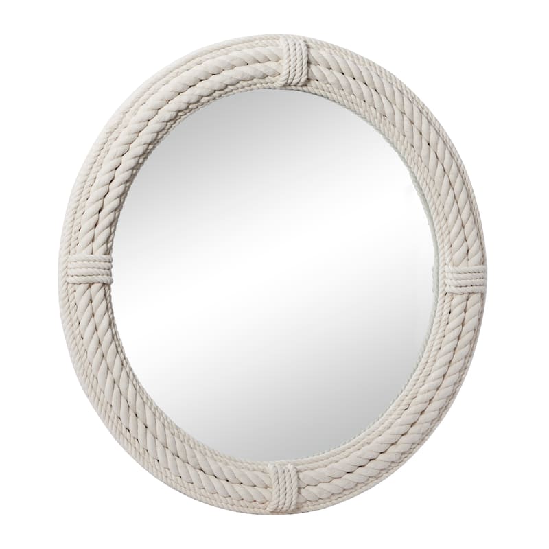Wooden Coiled Rope Wall Mirror with Wrapped Rope Accents - White - Roche River Decor - 3"W x 36"L x 36"H