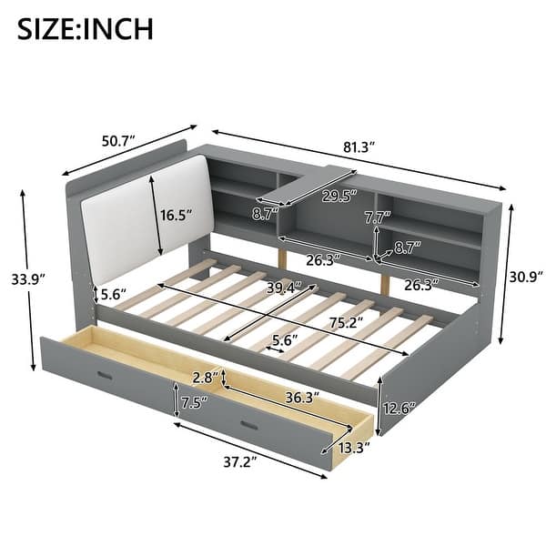 dimension image slide 0 of 2, Wood Twin Size platform bed with Storage Headboard, Shelves and 2 Drawers