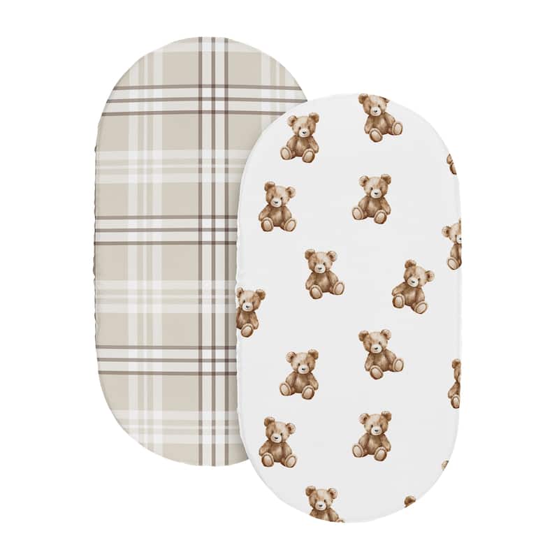 Sweet Jojo Designs Boho Teddy Bear Boy, Girl, Gender Neutral 2 Pack Baby Bassinet Fitted Sheets Taupe Plaid & Watercolor Classic