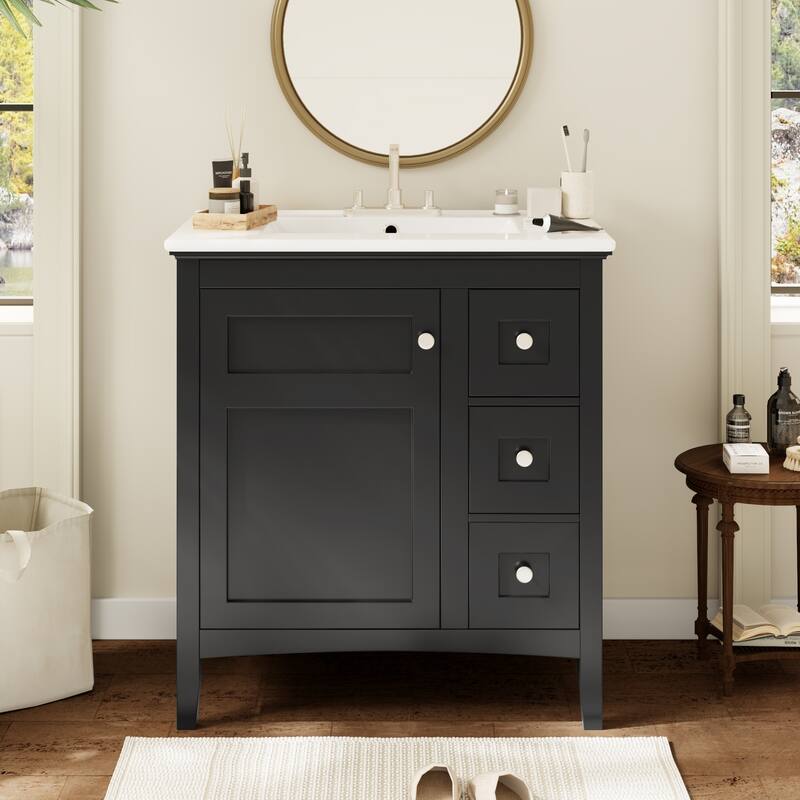 Modern Simple Bathroom Cabinet Freestanding Bathroom Vanity with Ceramic Sink, Tip-out Drawer, 2 Drawers and Side Door Organizer
