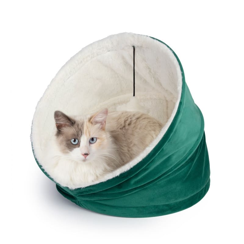 Cozy Cat House Velvet With Sherpa + Dangling Ball - 16"16"