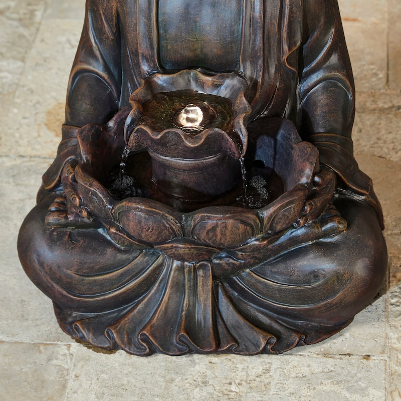 Glitzhome Meditating Buddha Patio Floor Fountain with Lotus and LED