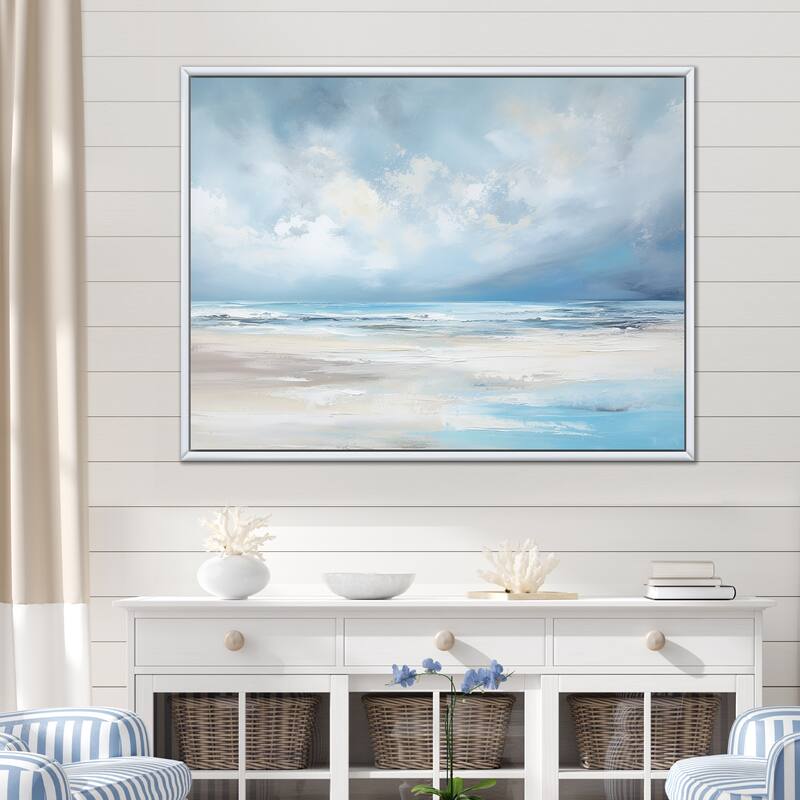 Designart "Coastal Beach Minimal Scenery " Coastal Ocean Framed Wall Art Living Room - 44 in. wide x 34 in. high - White