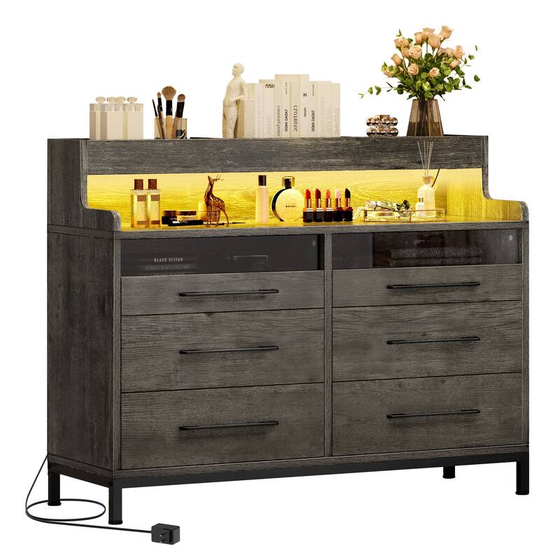 Moasis 6 Drawer Dressers & Chests of Drawers with LED Light Open Shelf Storage - Grey