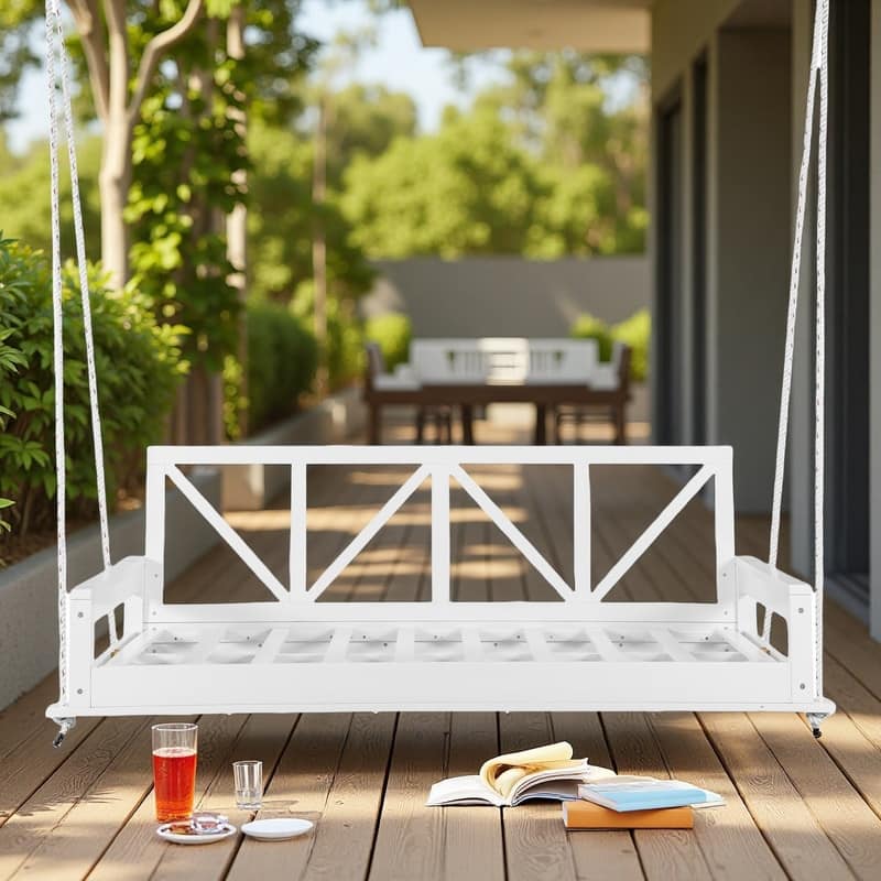 Acacia Wood Twin Size Porch Swings Bed with 16.4ft Hemp Ropes Outdoor Hanging Daybed, 350lb Capacity - White