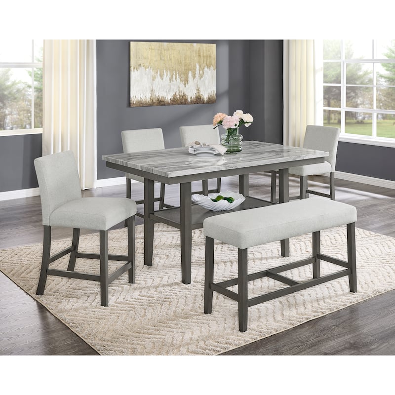 Selena 6-Piece 60" Rectangular Gray Faux Marble Counter Height Dining Set w/Storage Shelf, Light Gray Upholstered Chairs & Bench