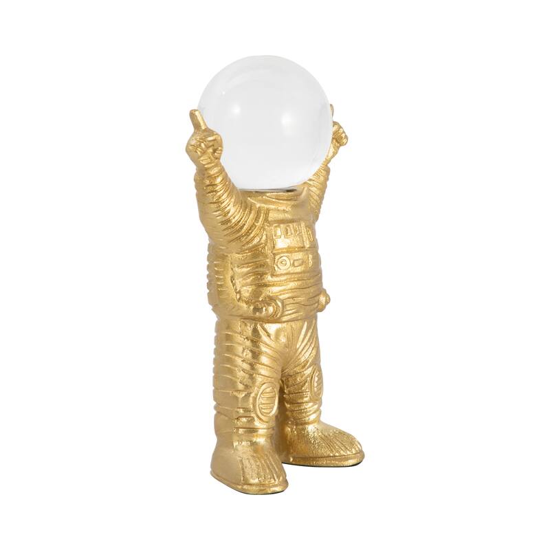 Decorative Metal Astronaut Figurine - Glass Orb Head - 9", Gold - 9.0"