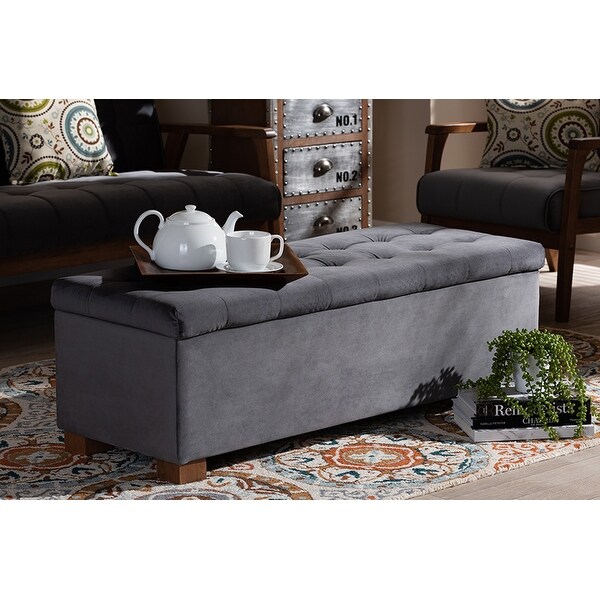 Cooper Grey Velvet Fabric Grid-Tufted Storage Ottoman Bench - On Sale