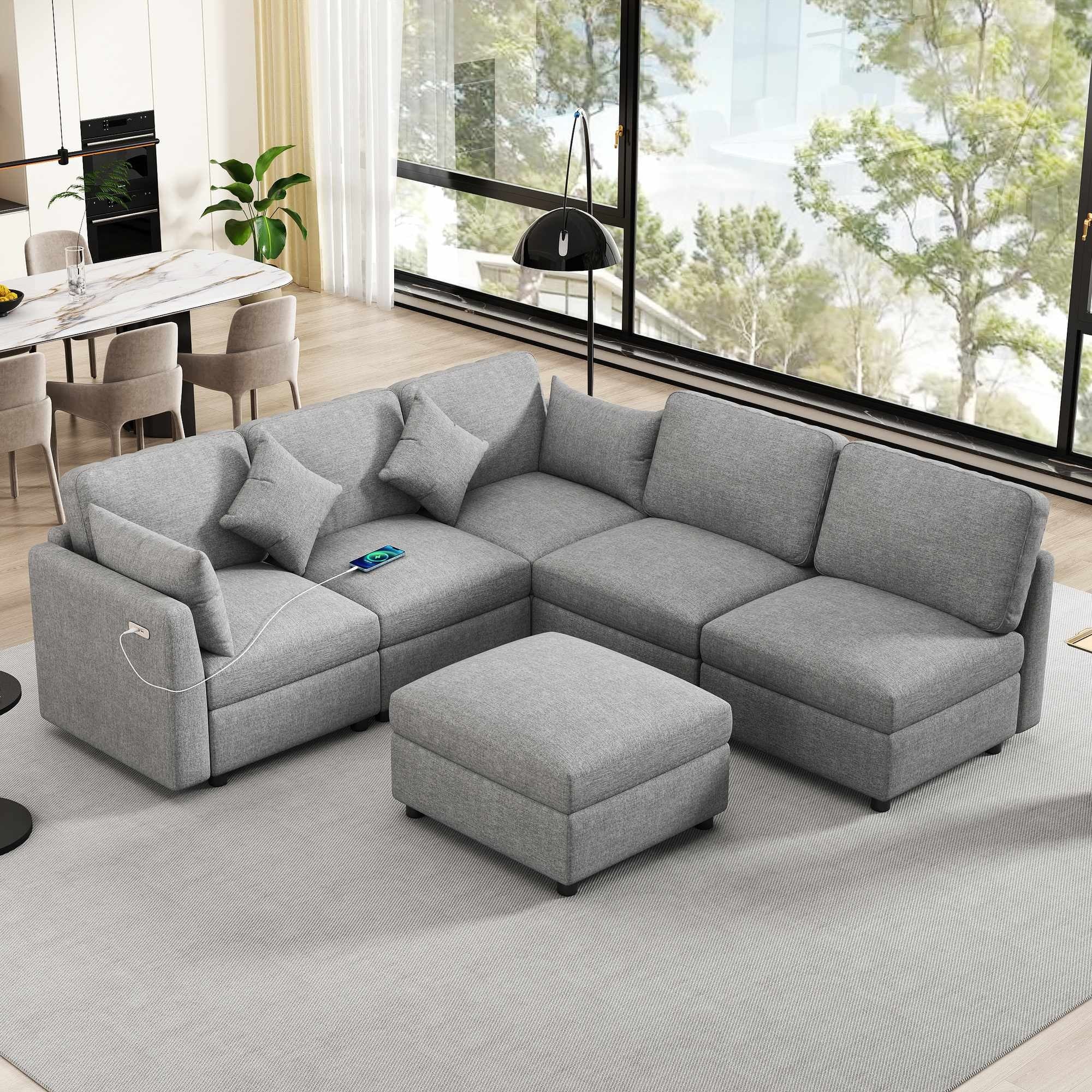 86.6" Modular U-Shaped Sectional Sofa with Ottoman and USB Ports