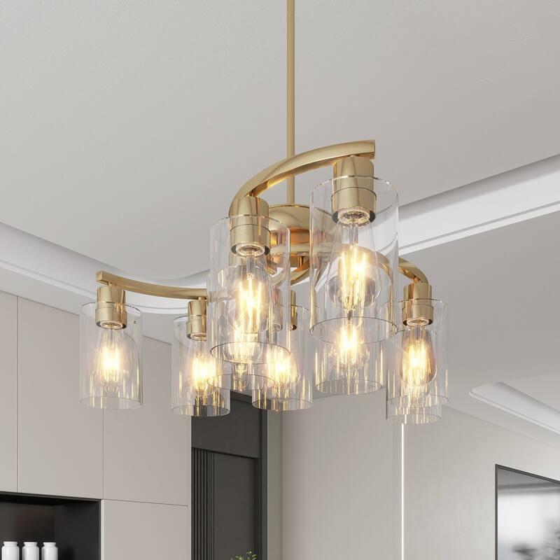 9-Light Glass Chandelier, Adjustable Height Dining Room Light Fixtures Over Table, Contemporary Hanging Chandelier