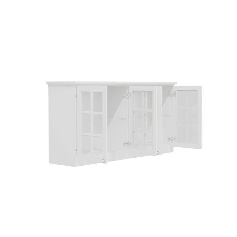 White Wall Cabinet with Glass Panel Doors, 4-Door Hanging Storage Unit for Kitchen, Coffee Bar, Laundry Bookshelves
