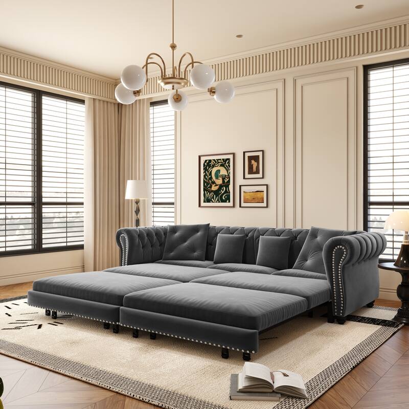 89" Chesterfield Pull Out Sofa Bed - Velvet 3-in-1 Convertible Sleeper with Chaise & Ottoman, King Size Sleeper Sofa