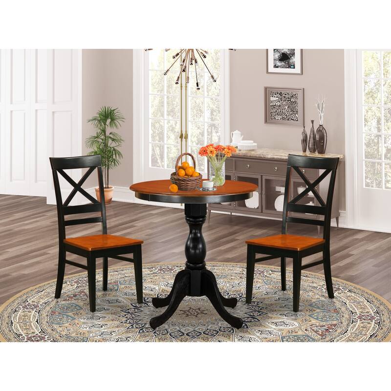 East West Furniture 3 Piece Kitchen Table Set- a Round Dining Room Table and 2 Solid Wood Seat Chairs, Black & Cherry - ESQU3-BCH-W
