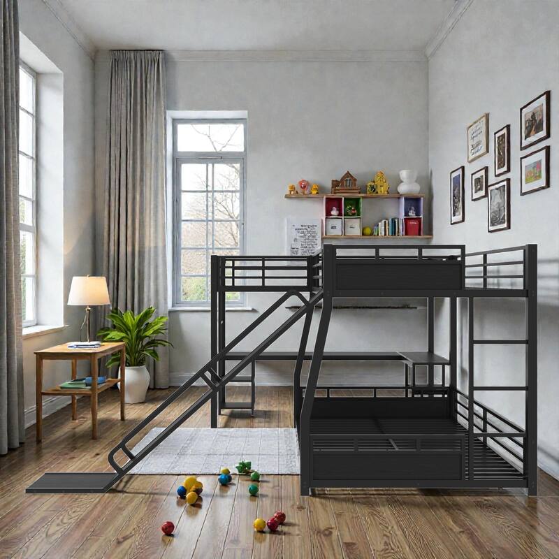 L-Shaped Metal Triple Bunk Bed with Slide, Full XL Over Queen and Twin XL Loft with Desk and Shelves