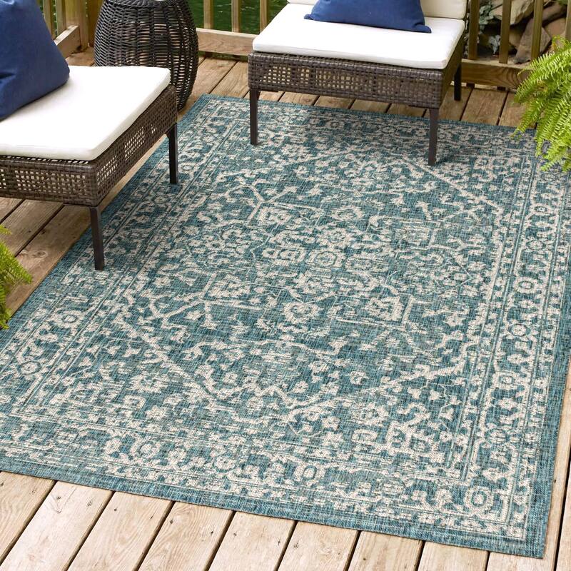 JONATHAN Y Medallion Textured Weave Indoor/Outdoor Area Rug - 9 X 12 - Teal/Gray