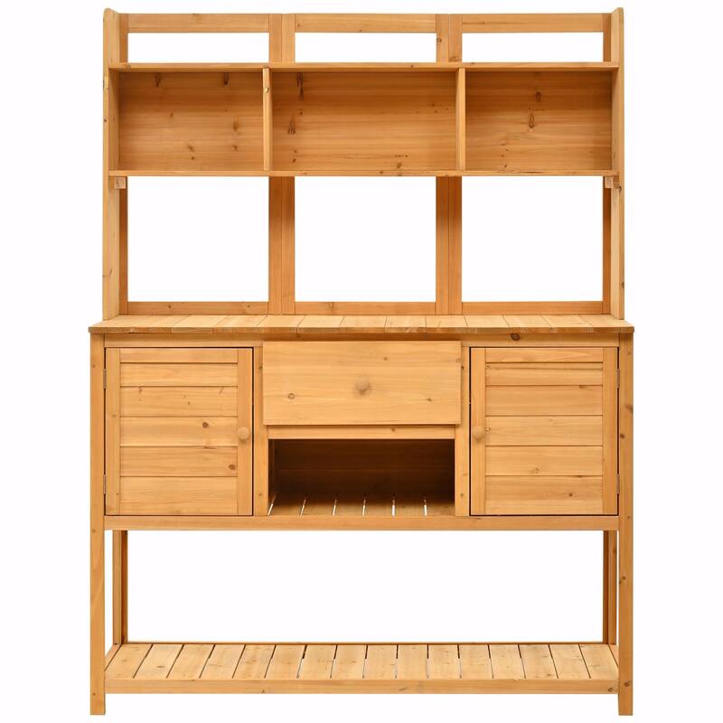 Fir Wood Garden Work Table - Potting Bench with Hutch, Drawer & Adjustable Shelves